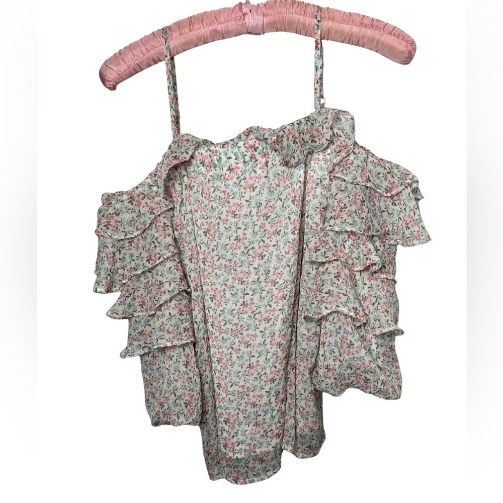 Suzy Shier Chiffon Ruffle Sleeve Cold Shoulder Floral Top Women's Medium
